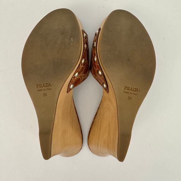 Prada Wedge Platform Clogs Heels Cognac Croc Leather Open-Toe Brown 38 (US 8) - Picture 11 of 13